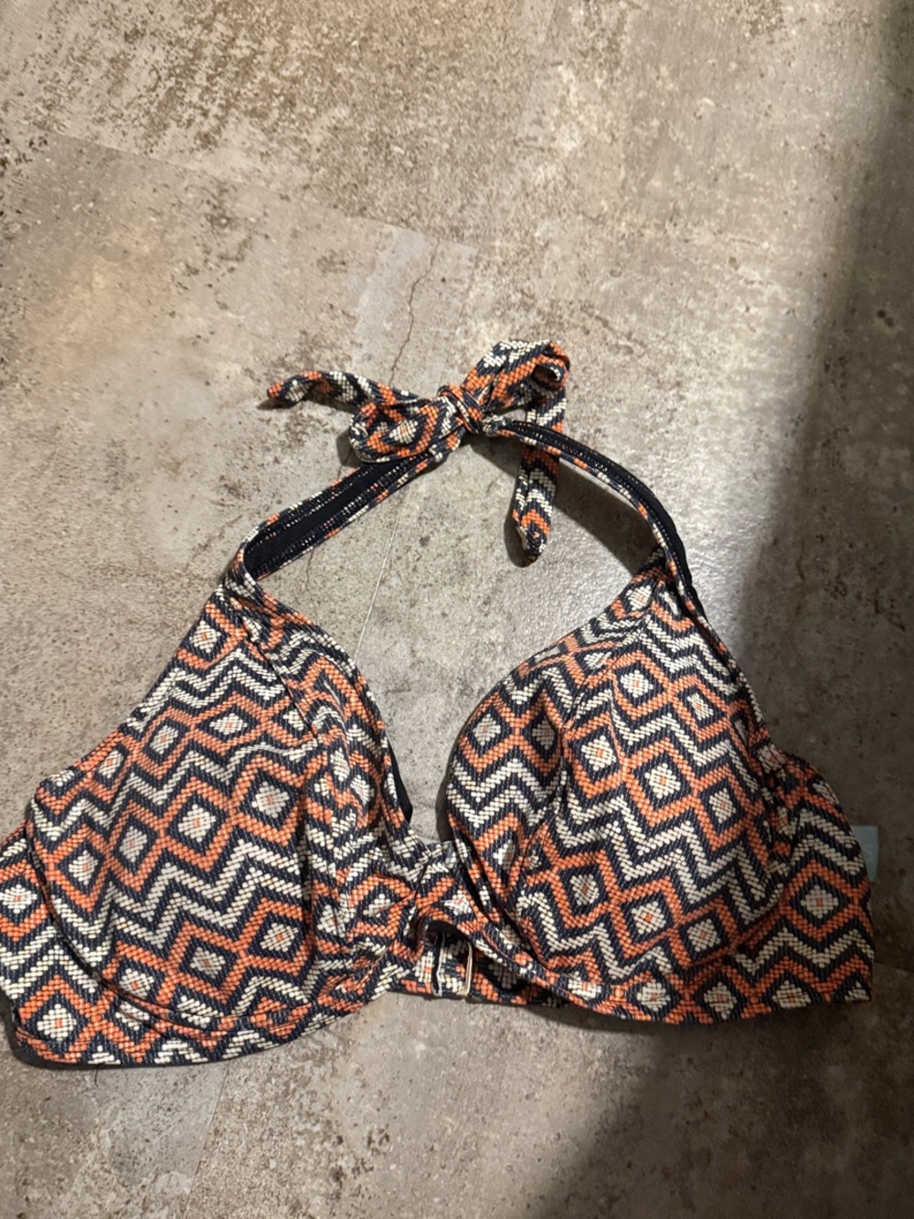 Women's Halter Bikini Top in Black and Orange Geo Print